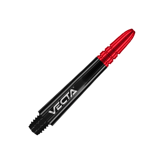 Winmau Vecta Shafts - Schwarz Rot Das Bild zeigt einen Dart-Schaft in den Farben Schwarz und Rot. Auf dem Schaft steht das Wort „Vecta“.