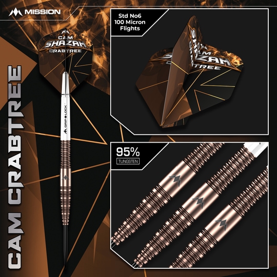 Mission Cam Crabtree V2 95% Tungsten Steel Darts Abgebildet ist die Mission Cam Crabtree V2 Steeldarts, Modell 2. Fokus liegt auf einem einzelnen Dartpfeil aus dem Set.