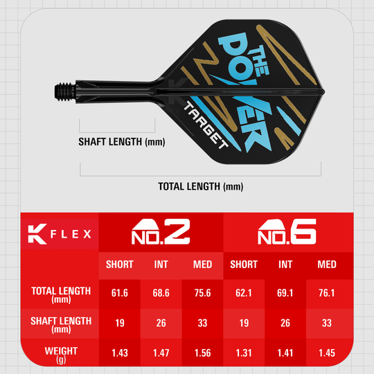 Target K-Flex Phil Taylor No2 Standard Flight Shaft System Das Bild zeigt das Produkt „Target K-Flex Phil Taylor No2 Standard Flights“ mit einer grafischen Darstellung und Maßen. Unten sind Tabellen mit Längen- und Gewichtsangaben für verschiedene Größen des Produkts abgebildet.