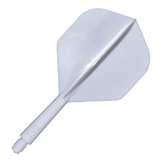 Das Bild zeigt das Evolution EVO1 Flight-Shaft-System in Weiß. Es handelt sich um ein Zubehör für Darts, das aus einem weißen Schaftsystem besteht.
