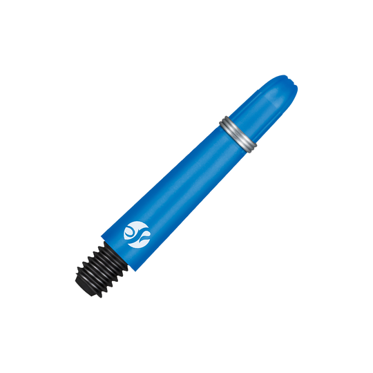 Shot Koi Carbon Shafts - Blue Das Bild zeigt einen blauen Carbon-Schaft mit einem schwarzen Gewinde und einem silbernen Ring. Es handelt sich um einen Ersatzschaft für einen Dartpfeil.