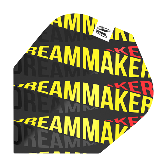 Das Bild zeigt das Dartflight "Target Pro Ultri Dimitri Van Den Bergh 80 No6". Das Flight ist schwarz mit dem gelben und roten Schriftzug "DREAMMAKER" bedruckt.