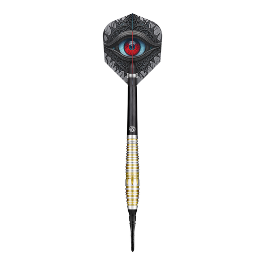Shot Celt Balor Softdarts Der Shot Celt Balor Softdart ist ein eleganter Dartpfeil mit einem auffälligen Design. Auf der Flight ist ein großes, detailliertes Auge abgebildet.