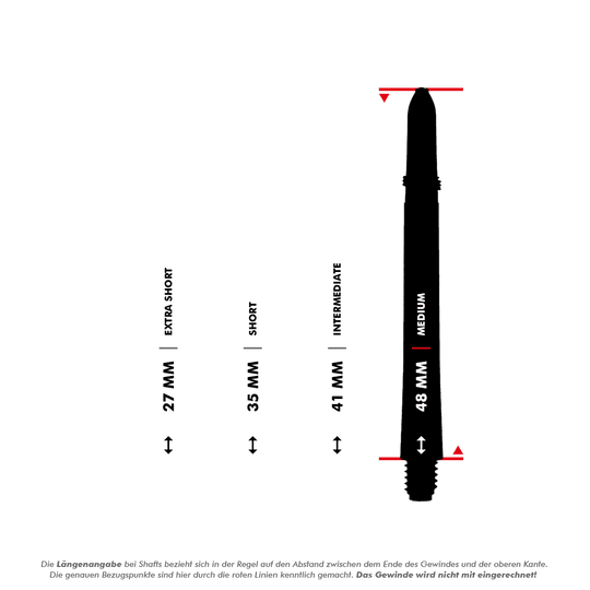 Das Bild zeigt die RedDragon Crossfire Carbon Fibre Shafts in vier verschiedenen Längen: 27 mm, 35 mm, 41 mm und 48 mm. Jede Länge ist mit einer Bezeichnung wie Extra Short, Short, Intermediate und Medium versehen.