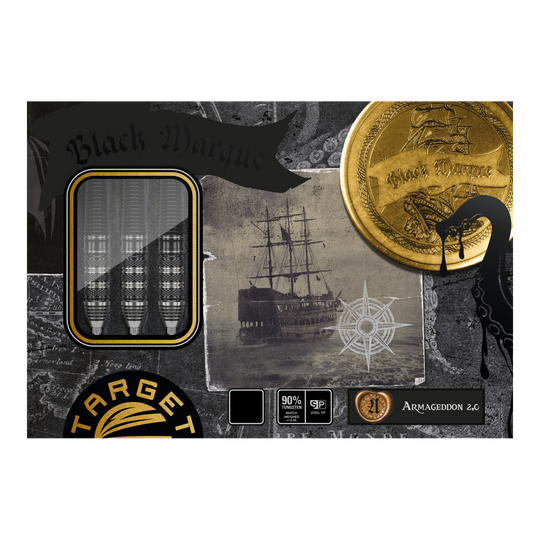 Target Japan Black Marque Armageddon GEN2 Swiss Point Steeldarts Das Bild zeigt die Verpackung der "Target Japan Black Marque Armageddon GEN2 Swiss Point Steeldarts". Auf der Verpackung sind drei Darts, ein altes Segelschiff und goldene Münzen abgebildet.