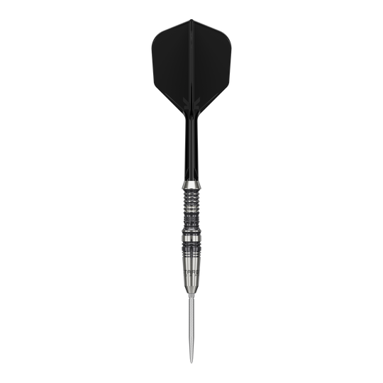 Target Japan Black Marque Heracles Steeldarts Dieses Bild zeigt einen Target Japan Black Marque Heracles Steeldart. Der Dart hat eine schwarze Flight und einen silbernen, gerillten Barrel.