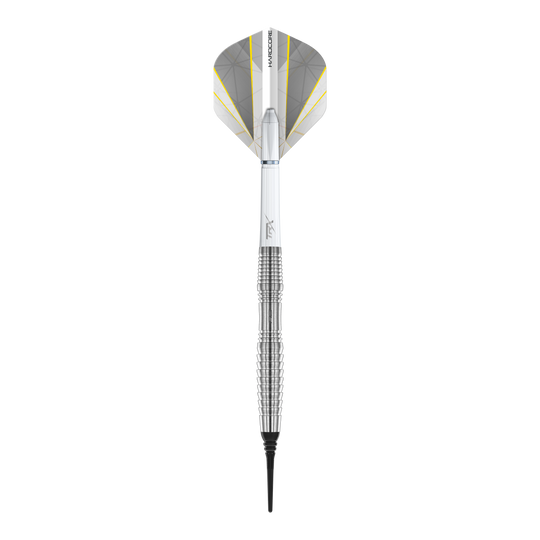 Das Bild zeigt einen Red Dragon Seren 3 Pure Softdart mit einem Gewicht von 20g. Der Dart hat ein silberfarbenes, geriffeltes Barrel und weiße Flights mit gelben Akzenten.