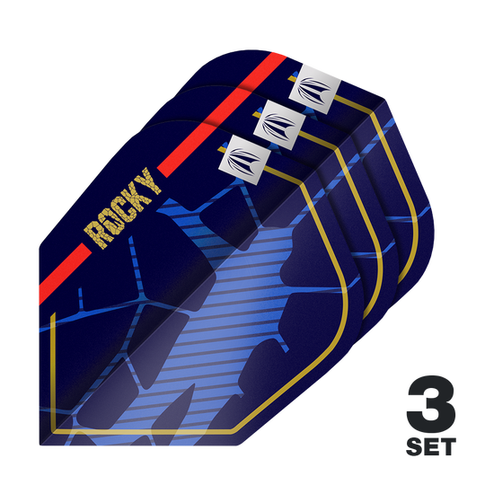 Das Bild zeigt drei Sätze der Target Pro Ultra Josh Rock GEN1 No6 Flights. Die Flights sind dunkelblau mit goldenen, roten und blauen Designelementen sowie dem Schriftzug "ROCKY".