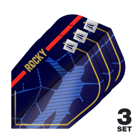 Target Pro Ultra Josh Rock GEN1 No6 Flights - 3 Sets Das Bild zeigt drei Sätze der Target Pro Ultra Josh Rock GEN1 No6 Flights. Die Flights sind dunkelblau mit goldenen, roten und blauen Designelementen sowie dem Schriftzug "ROCKY".