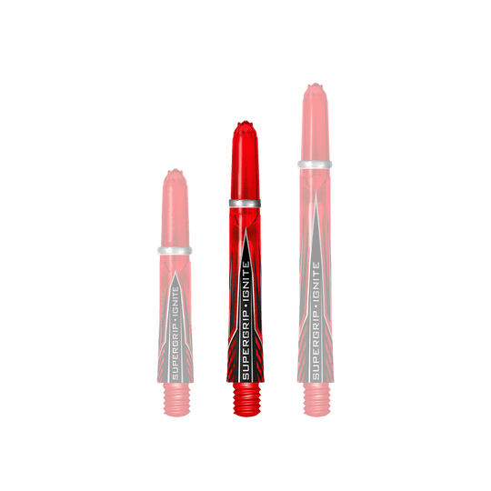 Das Bild zeigt drei rote Harrows Supergrip Ignite Shafts in verschiedenen Längen. Die Shafts haben ein auffälliges Design mit schwarzen und silbernen Akzenten.