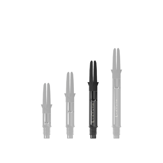Auf dem Bild sind drei schwarze Carbon-Shafts für Dartpfeile in unterschiedlichen Längen zu sehen. Sie stehen nebeneinander aufrecht aufrecht und besitzen alle denselben Aufbau.