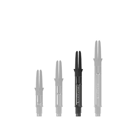 L-L-Style-Shaft Carbon Silent Straight - Schwarz Auf dem Bild sind drei schwarze Carbon-Shafts für Dartpfeile in unterschiedlichen Längen zu sehen. Sie stehen nebeneinander aufrecht aufrecht und besitzen alle denselben Aufbau.