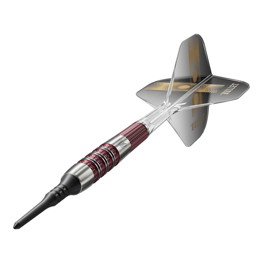 Das Bild zeigt einen Target Stephen Bunting 95K Softdart mit einem Gewicht von 19 Gramm. Der Dartpfeil hat ein schwarzes Flight mit goldenen Verzierungen und einen rot-silbernen Griff.