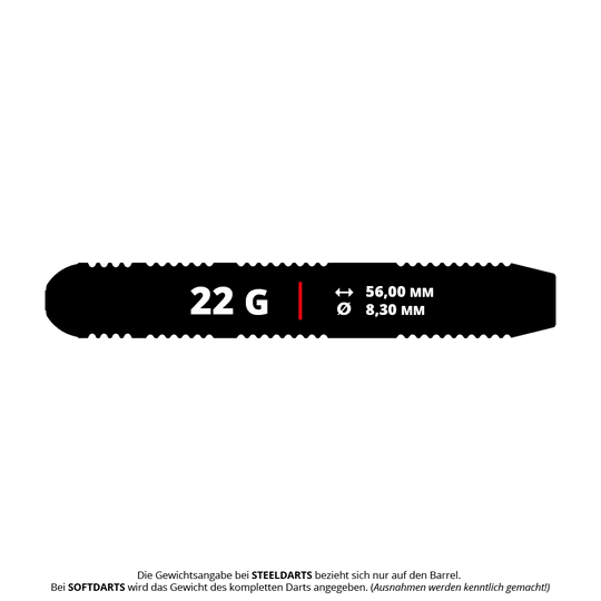 Target Josh Rock Brass Steel Darts - 22g Das Bild zeigt die Maße des Produkts "Target Josh Rock Brass Steeldarts - 22g". Der Dart wiegt 22 Gramm, ist 56,00 mm lang und hat einen Durchmesser von 8,30 mm.