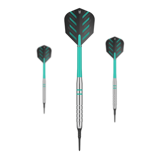 Das Bild zeigt drei Softdarts des Modells 'Target Rob Cross Silver Voltage' mit einem Gewicht von 18g. Die Darts haben silberne Spitzen und Schäfte mit grün-schwarzen Flights.