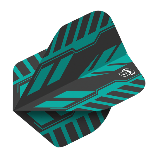 Das Bild zeigt das Produkt "Bulls B-Star Veco No2 Standard Flights". Es hat ein modernes, grafisches Design in Schwarz und Türkis mit einem weißen "B"-Logo.