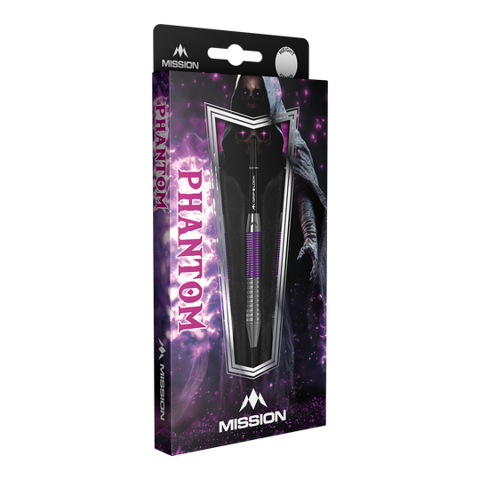 Mission Phantom Brass Steel Darts - 22g Die Abbildung zeigt die Verpackung der "Mission Phantom Brass Steeldarts - 22g". Die Verpackung ist überwiegend lila und schwarz gestaltet und zeigt einen Dartpfeil sowie eine geheimnisvolle, schattenhafte Figur im Hintergrund.