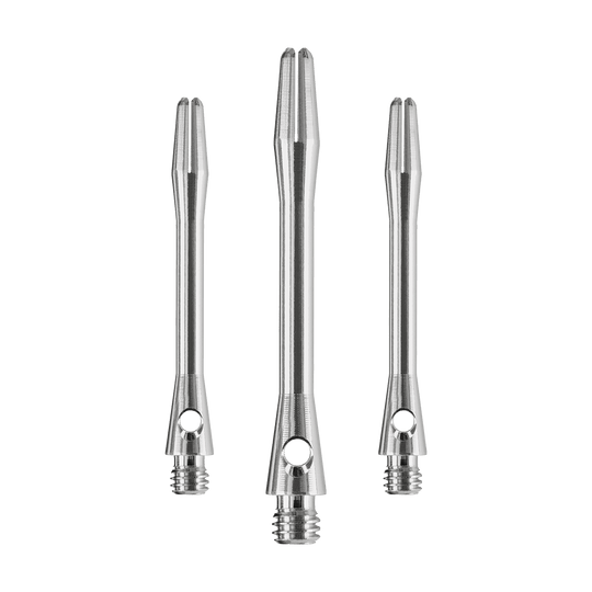 Das Bild zeigt drei silberne Harrows Keramic Shafts in Gun Metal Farbe. Sie sind Dartschäfte in unterschiedlichen Längen.