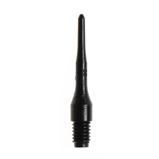 Evo-Long-Spitze-Schwarz Das Bild zeigt eine einzelne, schwarze Dartspitze mit Schraubgewinde. Es handelt sich um das Produkt "Evolution LONG-Spitzen (500er Pack)".