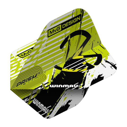 Winmau Delta Michael Van Gerwen Prism 03 Standard Flights Das Bild zeigt die Winmau Delta Michael Van Gerwen Prism 03 Standard Flights. Das Design ist in Gelb, Schwarz und Weiß gehalten und trägt den Schriftzug "MvG DESIGN" sowie das Winmau-Logo.