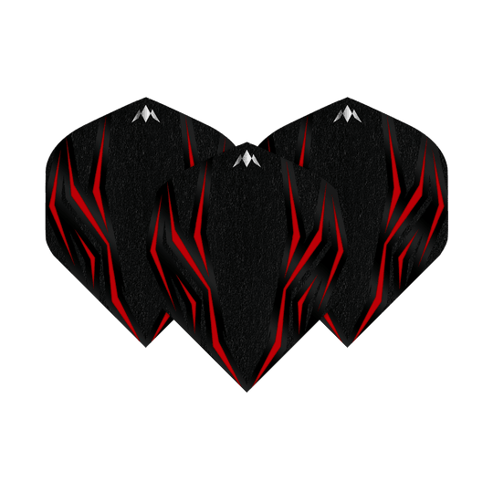 Mission Lava Red No2 Standard Flights Das Bild zeigt drei schwarze Dartflights mit roten, lavaähnlichen Mustern. Die Flights sind das Modell "Mission Lava Red No2 Standard Flights".