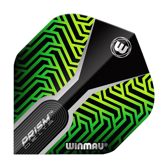 Winmau Prism Delta Kairos No2 Standard Flights Green Das Bild zeigt ein Dartflight mit dem Namen "Winmau Prism Delta Kairos No2 Standard Flights Grün". Das Flight hat ein auffälliges grünes und schwarzes geometrisches Muster mit dem Winmau-Logo.