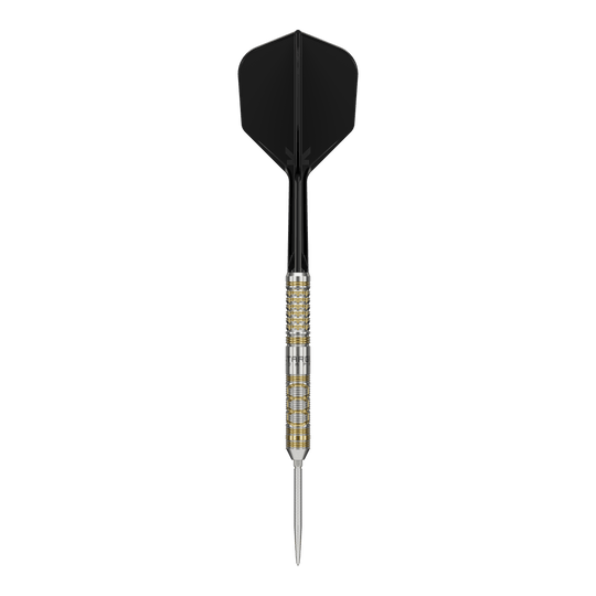 Target Japan Black Marque Reyn GEN2 steel darts Das Bild zeigt einen Steeldart mit schwarzem Flight und gold-silbernem Barrel. Es handelt sich um das Produkt "Target Japan Black Marque Reyn GEN2 Steeldarts".