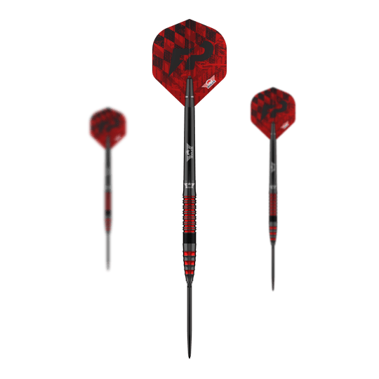 Das Bild zeigt das komplette Set Bulls NL Florian Preis 90 Convertible Point Steeldarts. Die Darts sind silberfarben.
