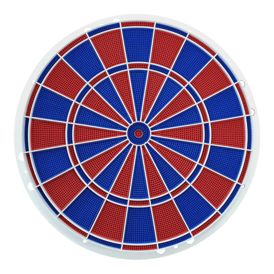 Löwen Dart spare parts 82 segment and spider set Das Bild zeigt ein Löwen Dart Ersatzteile 82er Segment- und Spider Set. Es besteht aus abwechselnd roten und blauen Segmenten mit weißen Trennstreben.