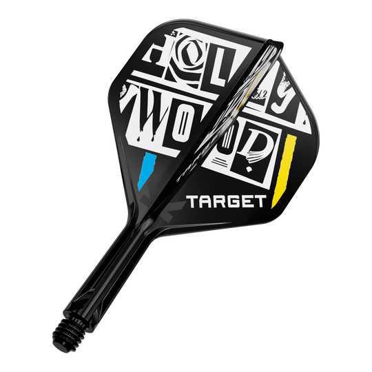 Das Bild zeigt einen Dartpfeil-Flügel mit auffälligem schwarz-weißem Design und den farbigen Akzenten Blau und Gelb. Auf dem Flügel steht das Wort "TARGET" und ein grafisch gestalteter Schriftzug "HOLLYWOOD".