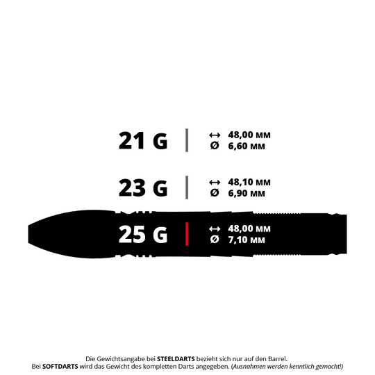 Bulls Stone S1 Steeldarts Das Bild zeigt drei verschiedene Steeldart-Modelle mit den Gewichten 21g, 23g und 25g sowie deren jeweilige Maße. Die Längen und Durchmesser der Barrels sind für jedes Gewicht angegeben.