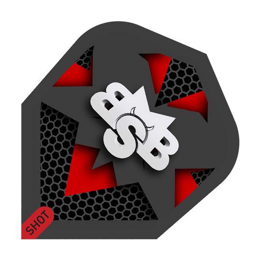 Shot Michael Smith Tenacious No6 Flights Das Bild zeigt ein Dartflight mit einem modernen Design in Schwarz, Rot und Weiß. In der Mitte sind die Buchstaben "MSB" und ein kleiner Stierkopf zu sehen, unten links steht "SHOT".