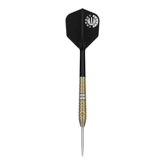 Target Japan Hot Shot GEN2 steel darts - 23g Das Bild zeigt einen Target Japan Hot Shot GEN2 Steeldart mit einem Gewicht von 23g. Der Dart hat eine goldene, strukturierte Spitze und schwarze Flights.