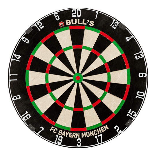 Bulls FC Bayern Munich Bristle steel dartboard Auf dem Foto ist das Bulls FC Bayern München Bristle Steeldartboard zu sehen. Diese Dartscheibe ist mit dem Branding des FC Bayern München gestaltet.