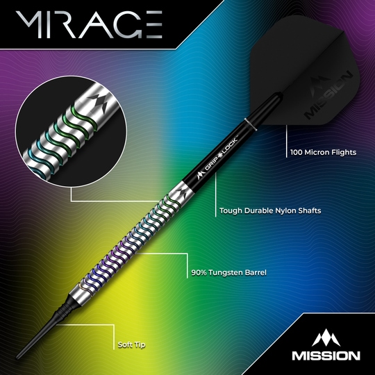 Mission Mirage soft darts - 20g Hier sieht man die Mission Mirage Softdarts - 20g. Die Darts werden aus einer seitlichen Perspektive präsentiert.