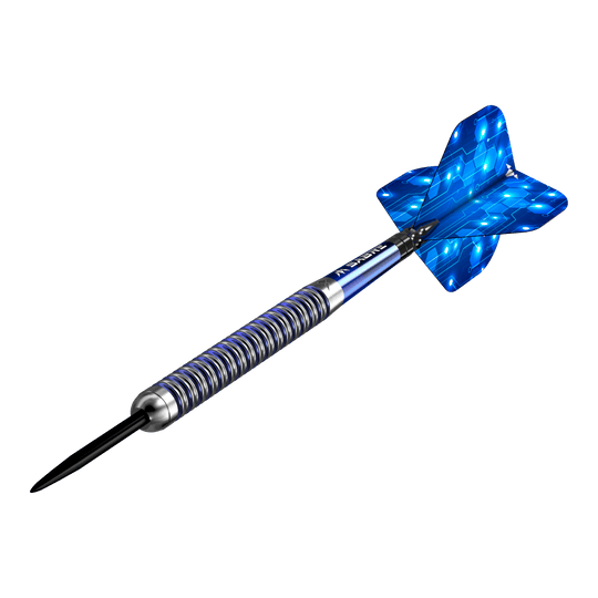 Mission ION Blue Silver Steeldarts werden präsentiert. Die Darts haben ein auffälliges blau-silbernes Design.