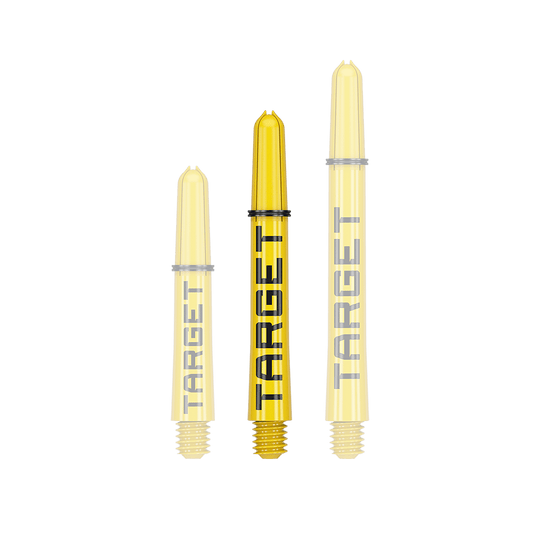 Target Pro Grip TAG Shafts - 3 Sets - Yellow Das Bild zeigt drei gelbe Dartschäfte in verschiedenen Längen. Auf jedem Schaft steht das Wort "TARGET" in schwarzer Schrift.