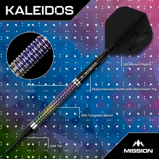 Mission Kaleidos soft darts - 19g Das Foto zeigt Mission Kaleidos Softdarts - 19g. Es handelt sich um hochwertige Darts für Hobby- und Profispieler.