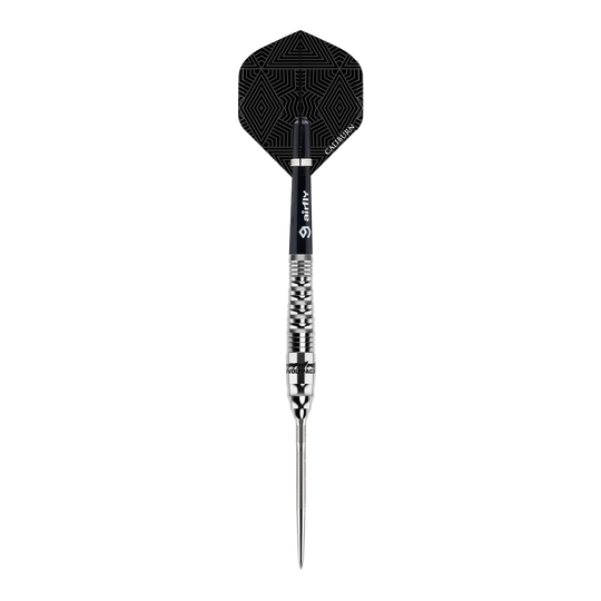 Auf dem Bild ist der Caliburn Wolfpack W3 Steeldart mit einem Gewicht von 21g zu sehen. Der Dartpfeil hat ein silbernes, strukturiertes Barrel und eine schwarz gemusterte Flight.
