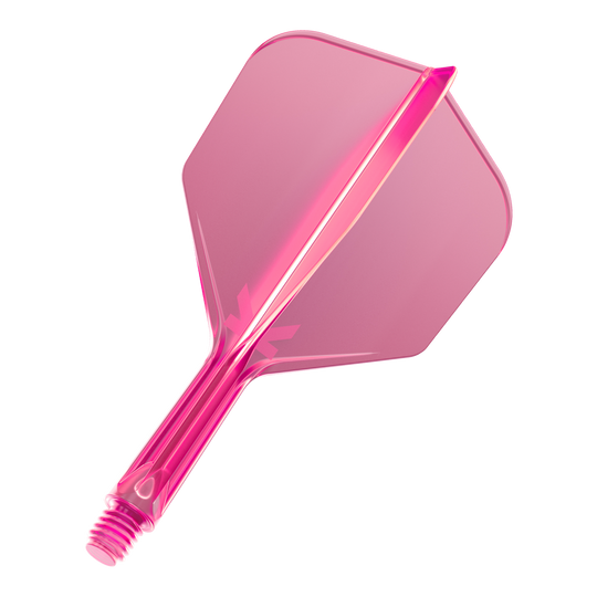 Das Bild zeigt eine neonpinke Dartflügel-Kombination mit integriertem Schaft. Das Material wirkt durchsichtig und hat einen modernen Look.