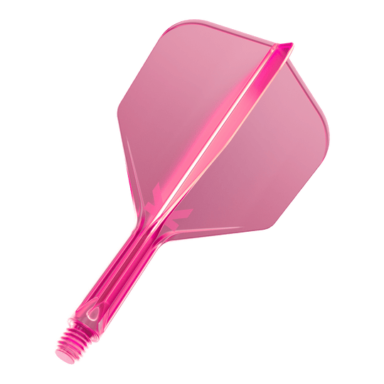 Target K-Flex No6 Flight System - Neon Pink Das Bild zeigt eine neonpinke Dartflügel-Kombination mit integriertem Schaft. Das Material wirkt durchsichtig und hat einen modernen Look.