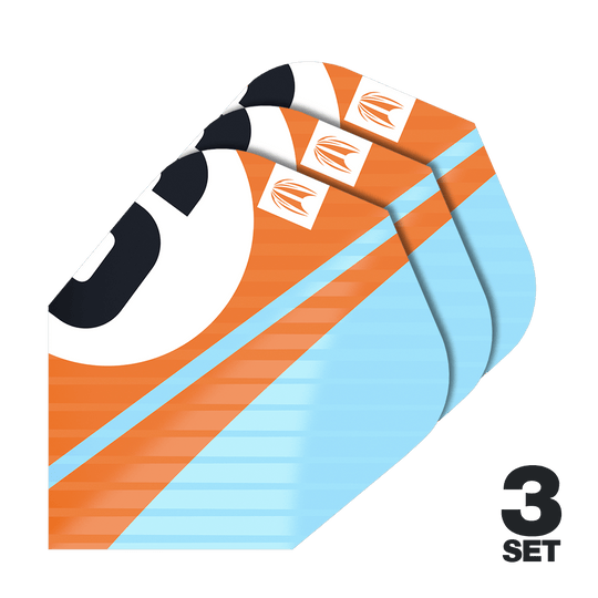 Target Pro Ultra Chicane Orange Ten-X Flights - 3 Sets Das Bild zeigt drei Sätze Target Pro Ultra Chicane Orange Ten-X Flights. Die Flights sind orange und hellblau mit einem auffälligen Design.