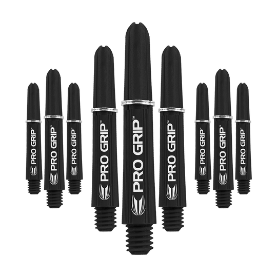 Target Pro Grip Shafts - 3 Sets - Black Das Bild zeigt neun schwarze Dartschäfte mit der Aufschrift "PRO GRIP". Die Schäfte sind in drei 3er-Sets nebeneinander angeordnet.