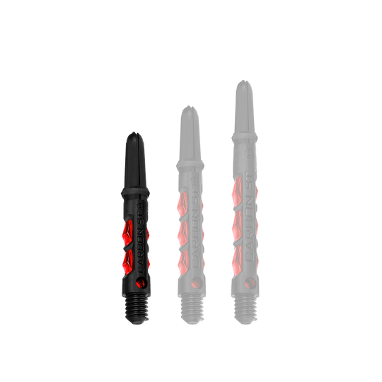 HR431_Harrows_Carbon_ST_Shafts_Rot_33mm_1qtMFqgx1pEQN2 Das Bild zeigt drei Harrows Carbon ST Shafts in der Farbe Rot. Die Dartschäfte sind schwarz mit roten Akzenten und in verschiedenen Längen dargestellt.