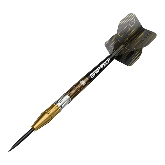 GOAT Ceremony Tungsten Steel Darts Der GOAT Ceremony Tungsten Steeldart ist ein hochwertiger Dartpfeil mit goldenen und silbernen Elementen. Auf dem Schaft steht das Wort "GRIPTECH" und die Flights sind schwarz mit goldenen Linien gestaltet.
