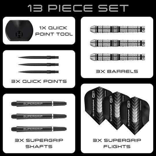 Harrows Supergrip Tapered Quick Point Steel Darts Zu sehen sind die Harrows Supergrip QP Tapered Quick Point Steeldarts. Diese Darts bieten eine hochwertige Verarbeitung für optimale Spieleigenschaften.