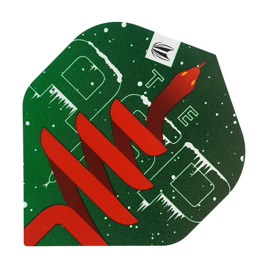 Das Bild zeigt einen Dartflight mit grünem Hintergrund und weihnachtlichen Schneeeffekten. Darauf ist eine rote Schlange abgebildet, die sich über das Design windet.