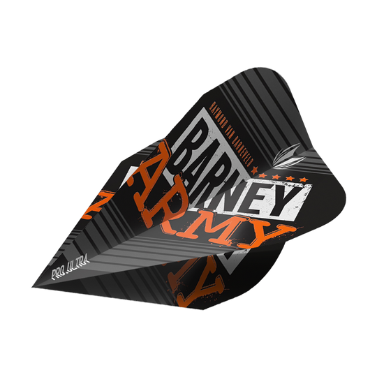 Das Bild zeigt das Produkt "Target ProUltra Barney Army Black Vapor Flights". Die Dart-Flights sind schwarz mit auffälligem orangefarbenem und weißen Aufdruck gestaltet.