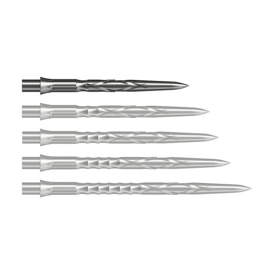 Abgebildet ist eine silberne Steeldartspitze vom Typ Caliburn Evo System HAN G2 in 28 mm Länge. Sie eignet sich für den Einsatz bei Steeldarts.