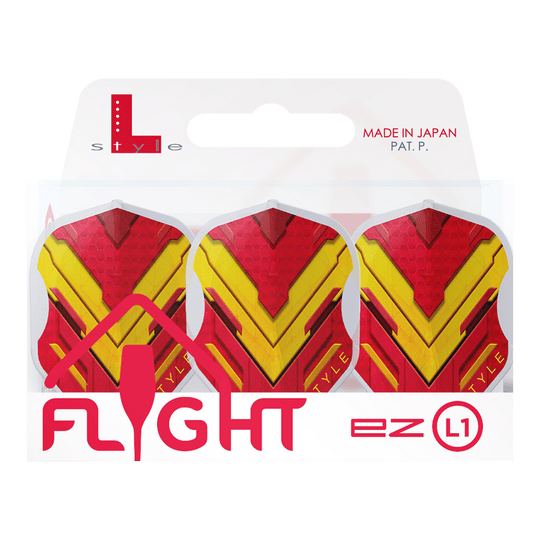 L-Style V-Series V1 Type A Spain Clear White L1EZ Flights Das Bild zeigt die L-Style V-Series V1 Type A Spain Clear White L1EZ Flights für Dartpfeile. Die Flights haben ein auffälliges rotes und gelbes Design und sind in einer transparenten Verpackung zu sehen.